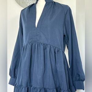 Shein‎ Solid Navy Blue Dress V-neck Tiered Ruffle Hem & Neckline Long Sleeves S